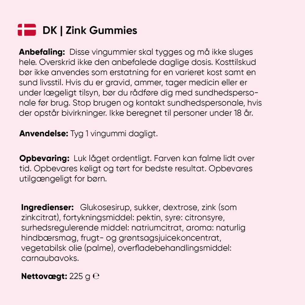 Zink-vingummier: anbefaling og anvendelse på emballage; 90 vingummier