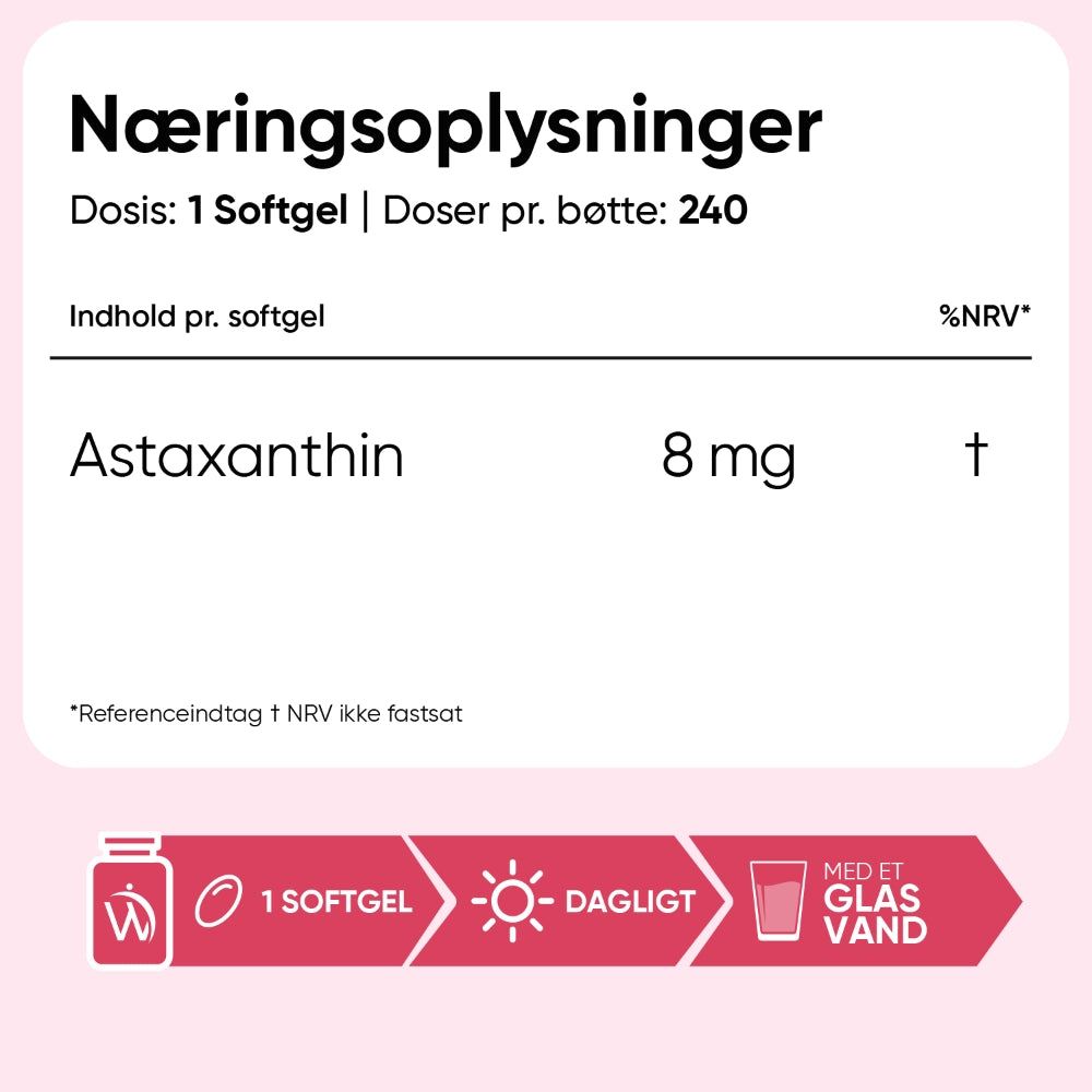 Næringsoplysninger: astaxanthin 8 mg pr. softgel, 240 softgels