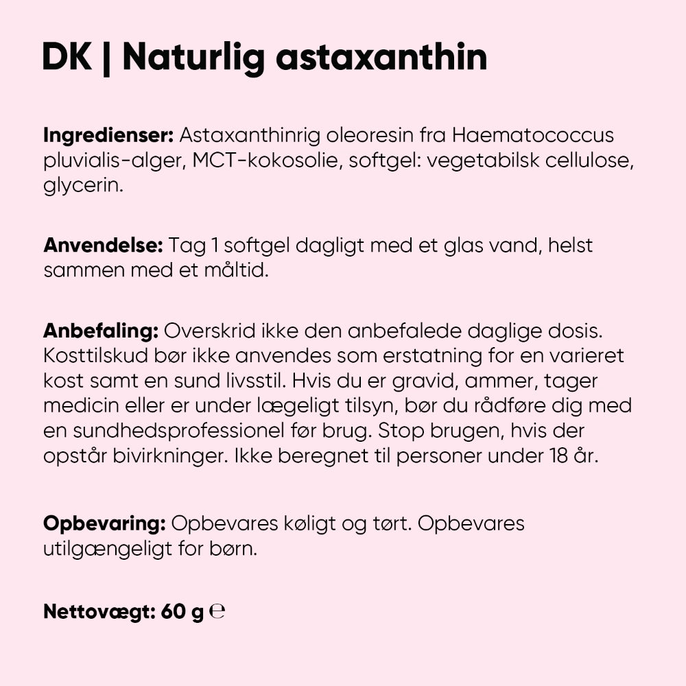 Brugsvejledning og ingredienser til DK: 1 softgel dagligt med glas vand