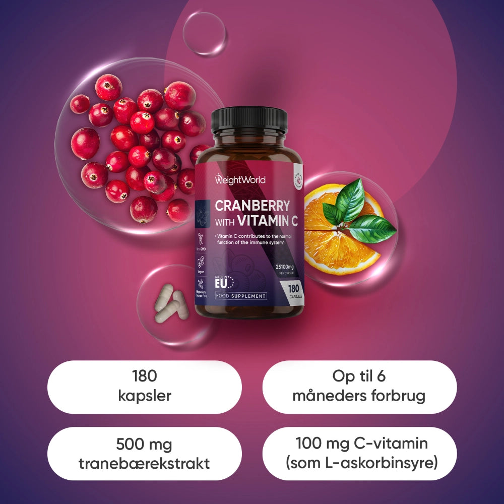 Tranebær-C-vitamintilskud: flaske med 180 kapsler, 500 mg tranebærekstrakt og 100 mg C.