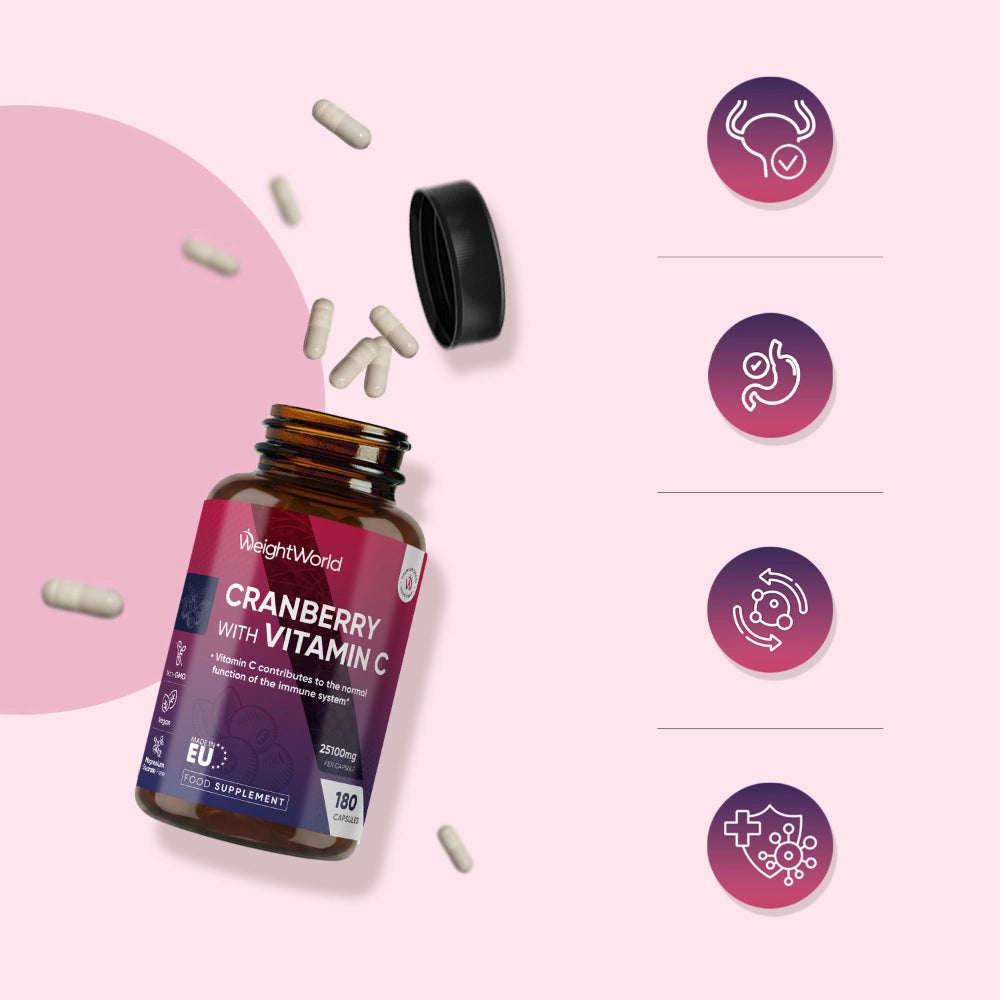 Tranebær-C-vitamintilskud: glasflaske med sort låg og kapsler omkring.