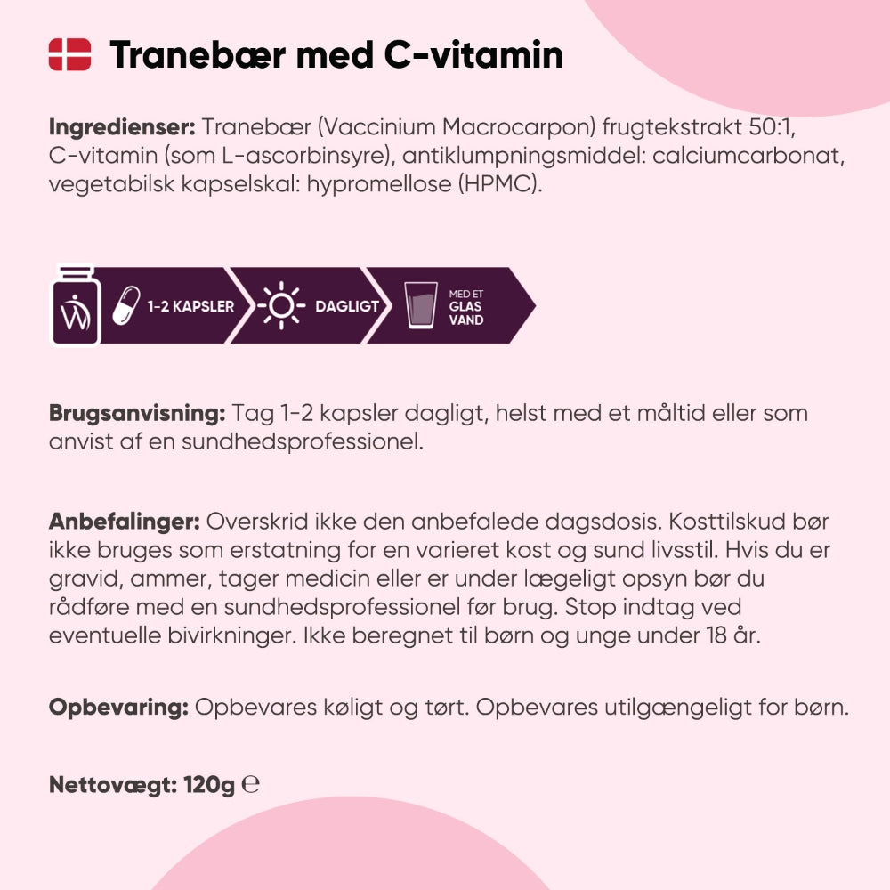 Ingrediens- og brugsinfo: tag 1–2 kapsler dagligt; netto 120 g.