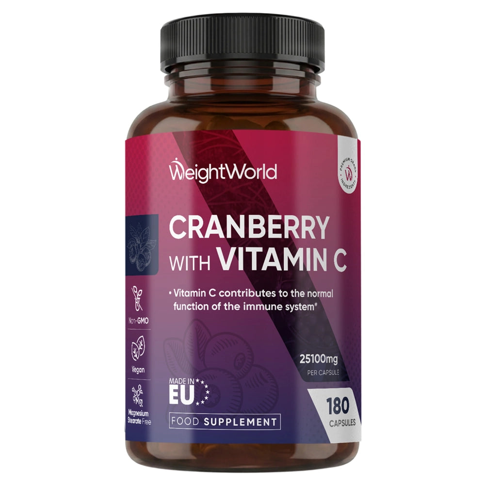 Tranebær-C-vitamintilskud i mørk glasflaske med sort låg og WeightWorld-mærke.