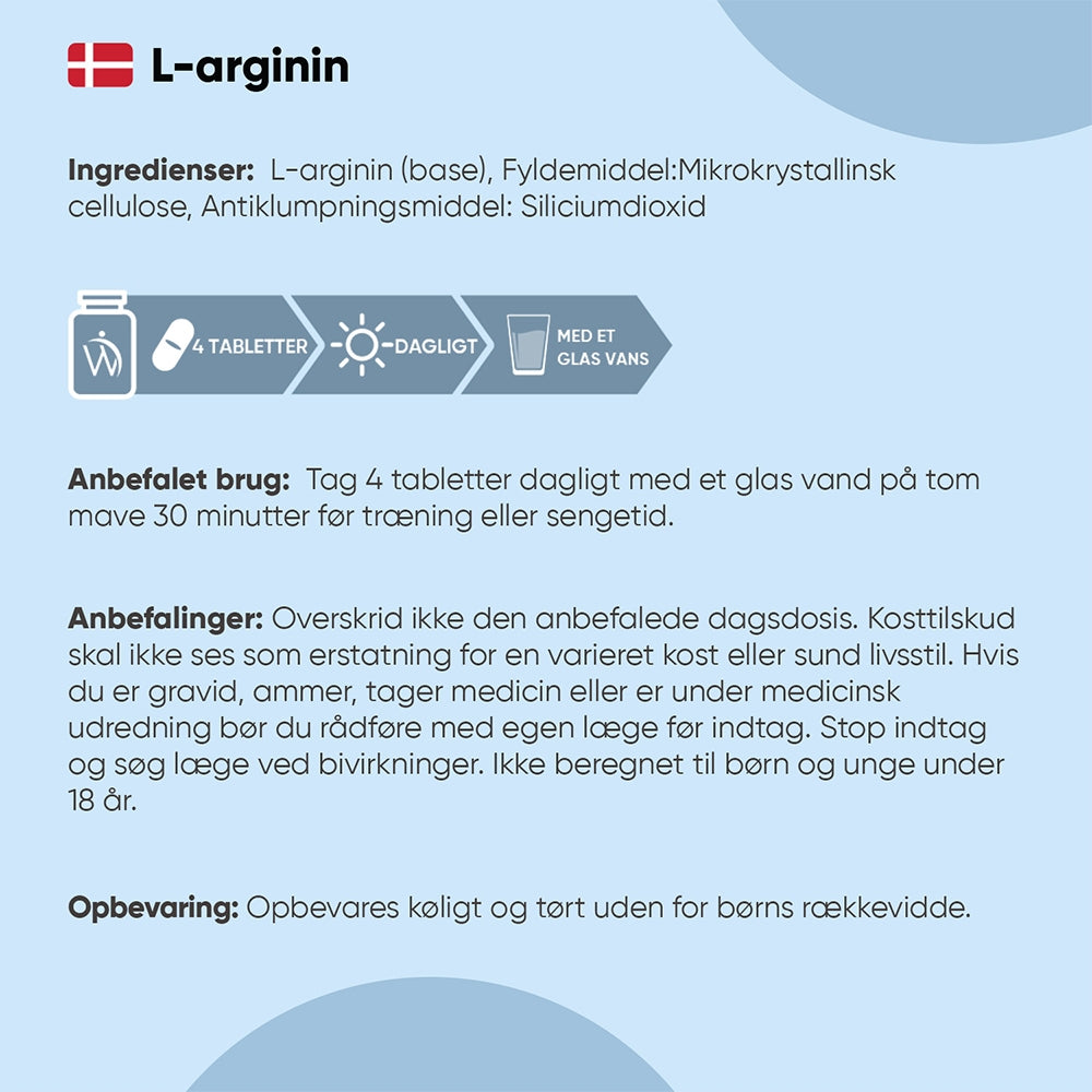 Etiketside med ingredienser og anbefalet brug: 4 tabletter pr dag