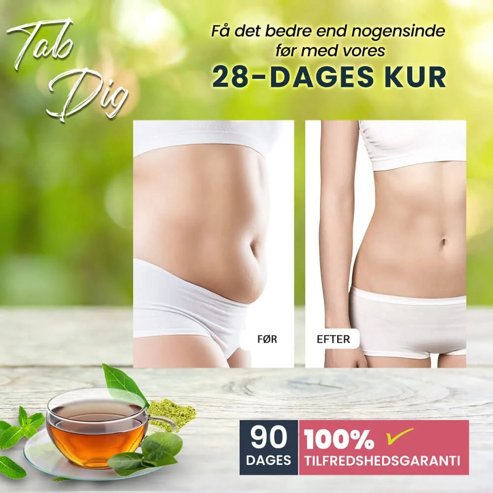WeightWorld 28-dages resultater, før-efter billede med teposepakker
