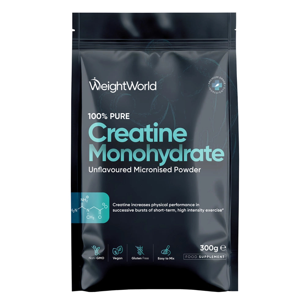 Kreatinpulverpose med monohydrat, 300 g, sort emballage med WeightWorld-logo