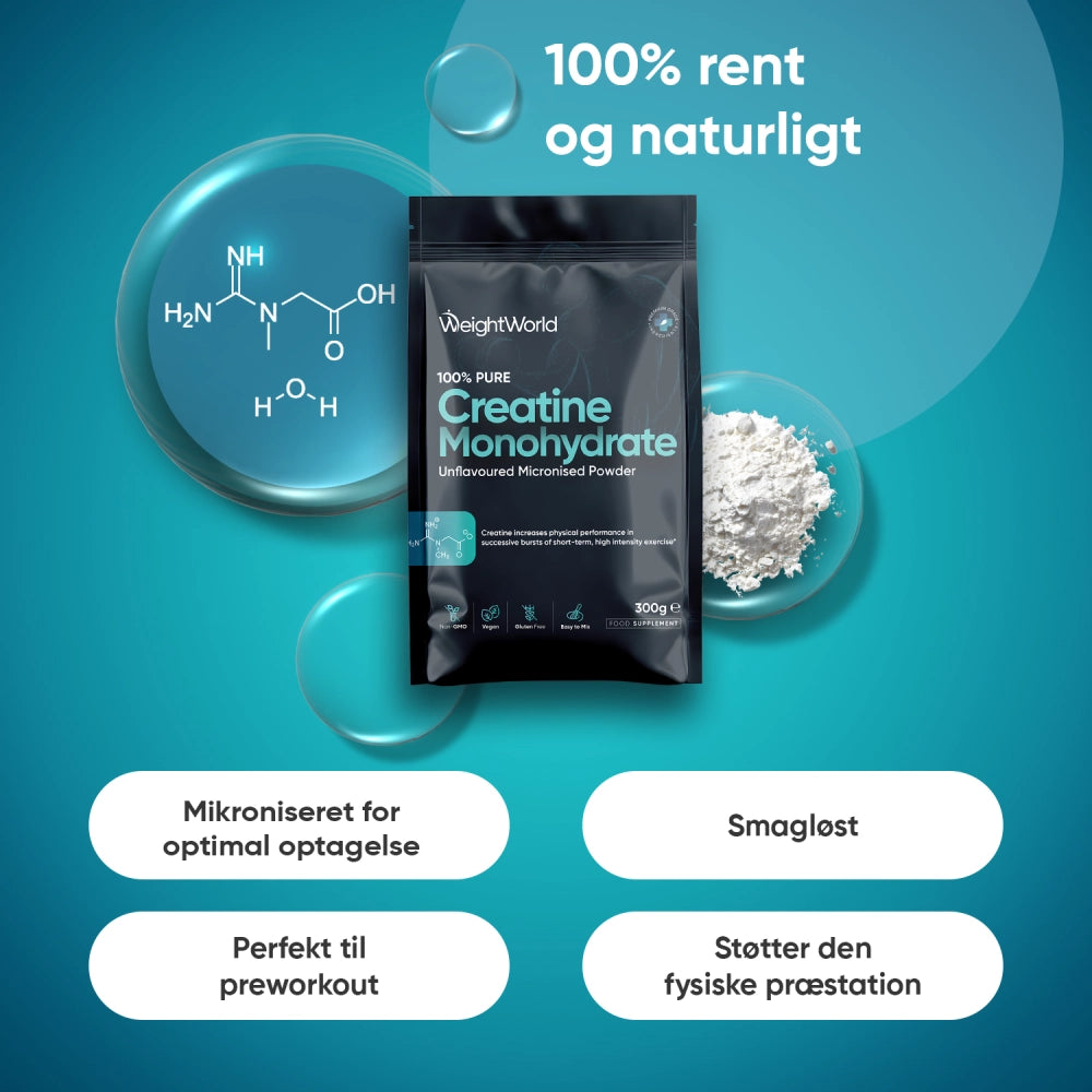 Kreatinpulverpose og skål med hvidt pulver samt målsked, 300 g monohydrat