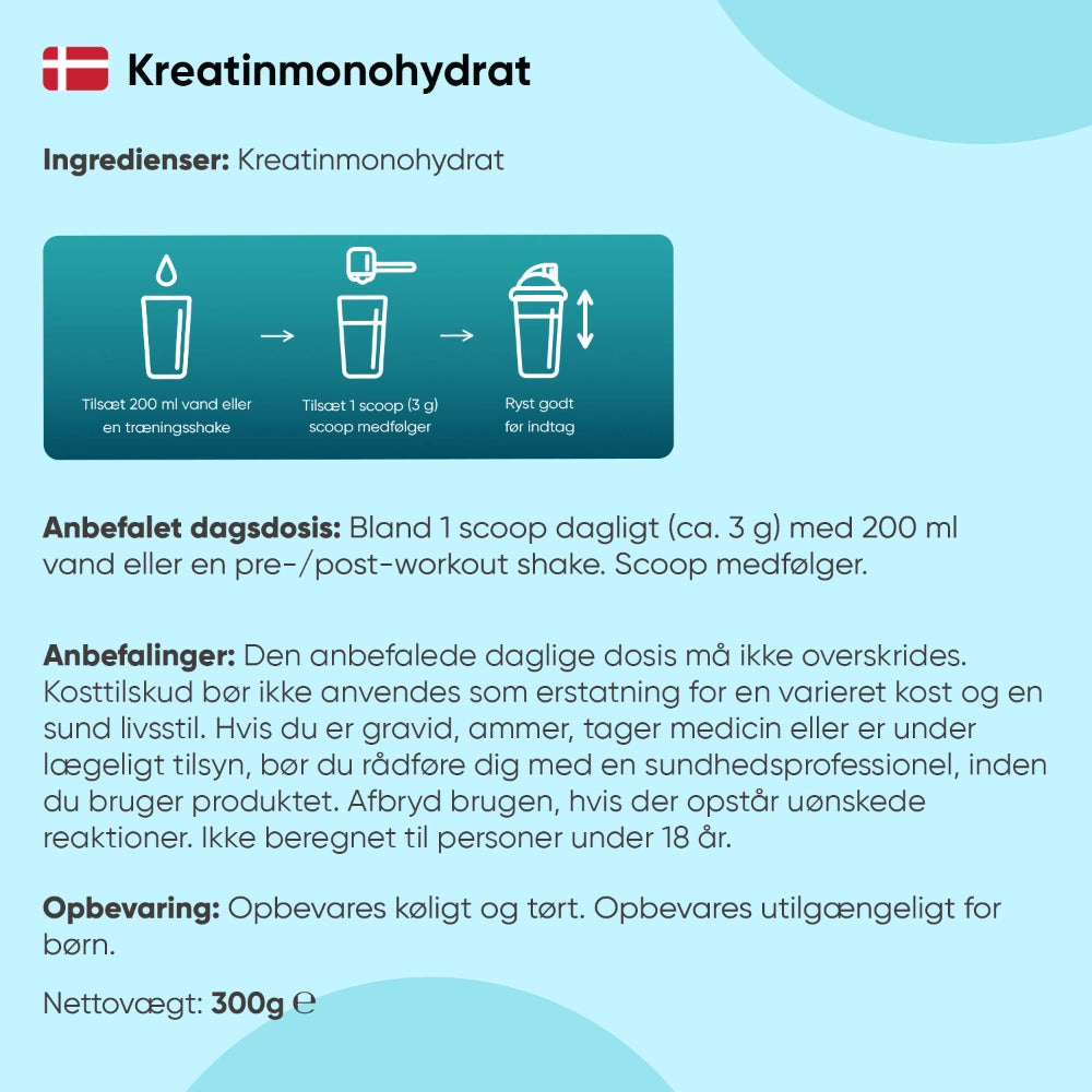 Etikette med kreatinmonohydrat-instruktioner, anbefalet dosis og opbevaring