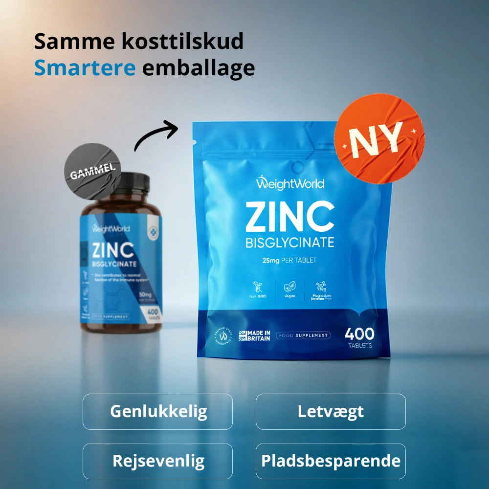 Zink-tabletter blå pose og flaske med NY-mærkning og pladsbesparende etiketter