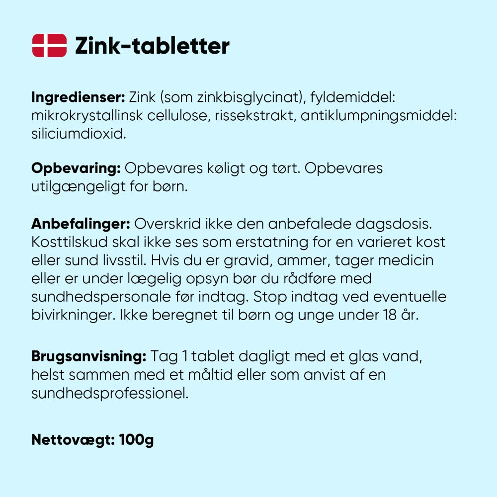 Zink-tabletter ingredienser, opbevaring og brugsanvisning, nettovægt 100 g